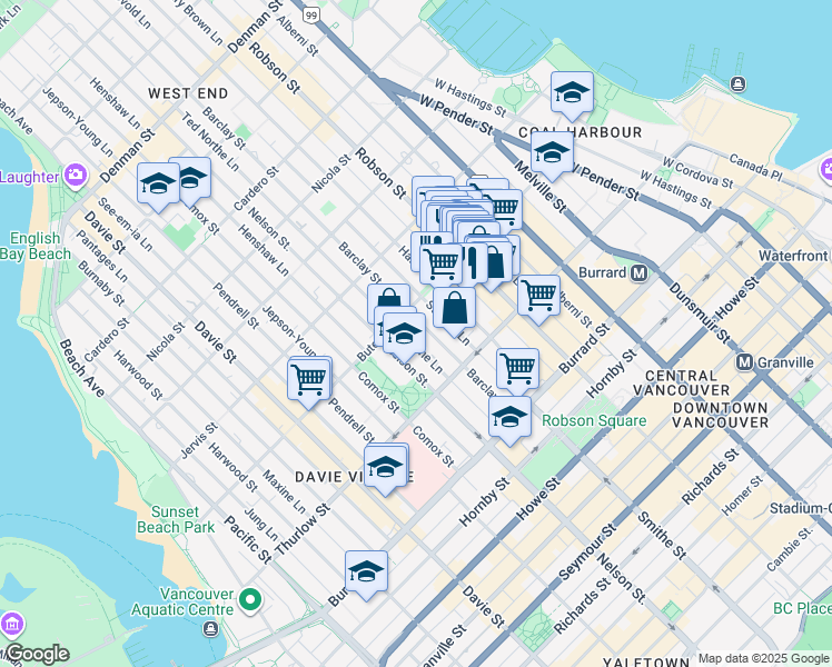 map of restaurants, bars, coffee shops, grocery stores, and more near in Vancouver