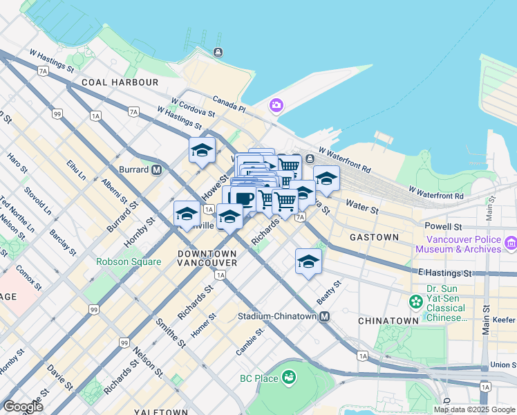 map of restaurants, bars, coffee shops, grocery stores, and more near 501 Seymour Street in Vancouver