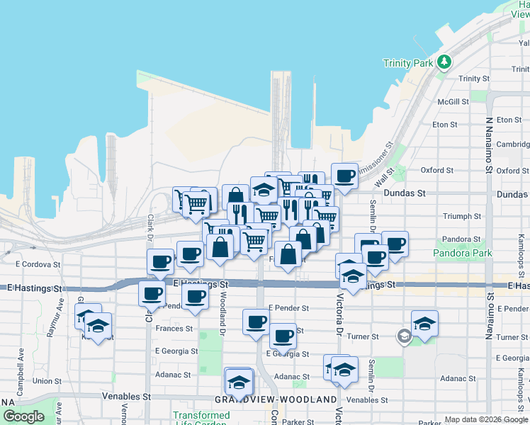 map of restaurants, bars, coffee shops, grocery stores, and more near 1701 Powell Street in Vancouver
