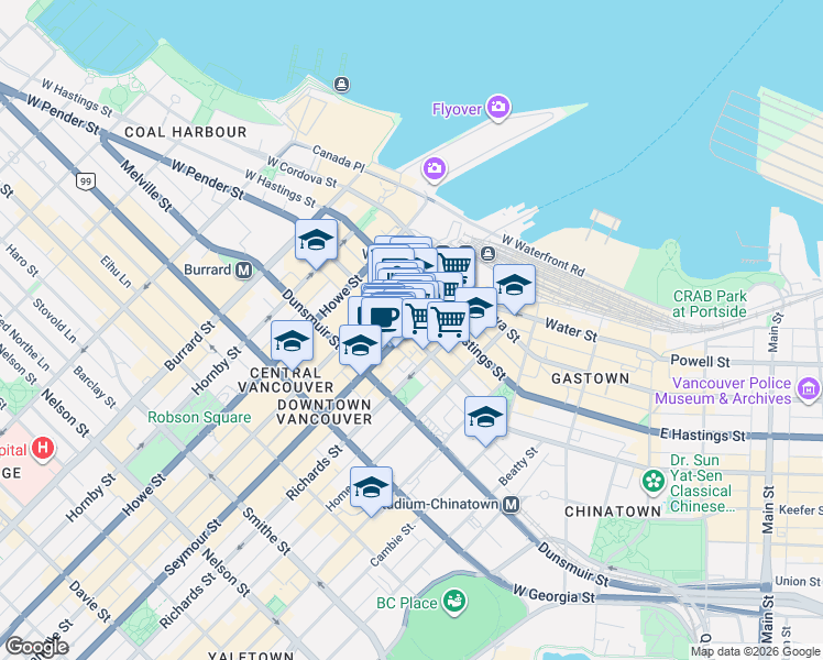 map of restaurants, bars, coffee shops, grocery stores, and more near 438 Seymour Street in Vancouver