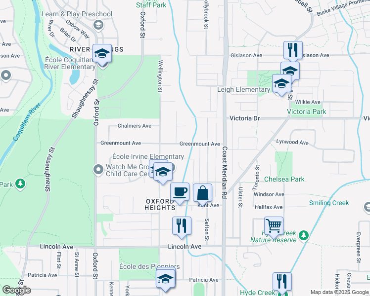 map of restaurants, bars, coffee shops, grocery stores, and more near 1614 Greenmount Avenue in Port Coquitlam