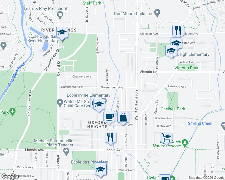 map of restaurants, bars, coffee shops, grocery stores, and more near 1614 Greenmount Avenue in Port Coquitlam