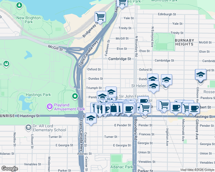 map of restaurants, bars, coffee shops, grocery stores, and more near 3521 Triumph Street in Vancouver