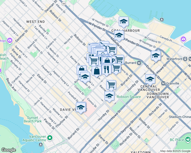 map of restaurants, bars, coffee shops, grocery stores, and more near 1127 Barclay Street in Vancouver