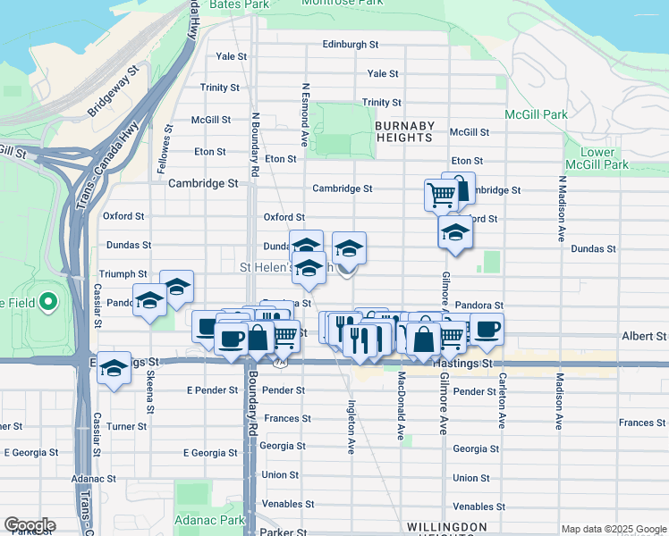 map of restaurants, bars, coffee shops, grocery stores, and more near 3859 Triumph Street in Burnaby