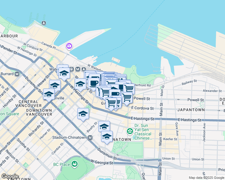map of restaurants, bars, coffee shops, grocery stores, and more near 101 Water Street in Vancouver