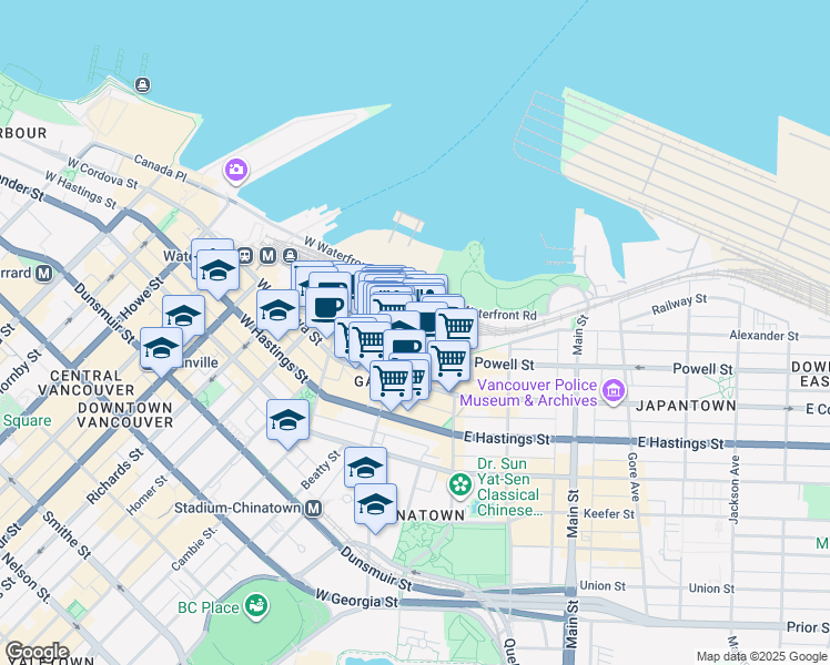 map of restaurants, bars, coffee shops, grocery stores, and more near 101 Water Street in Vancouver