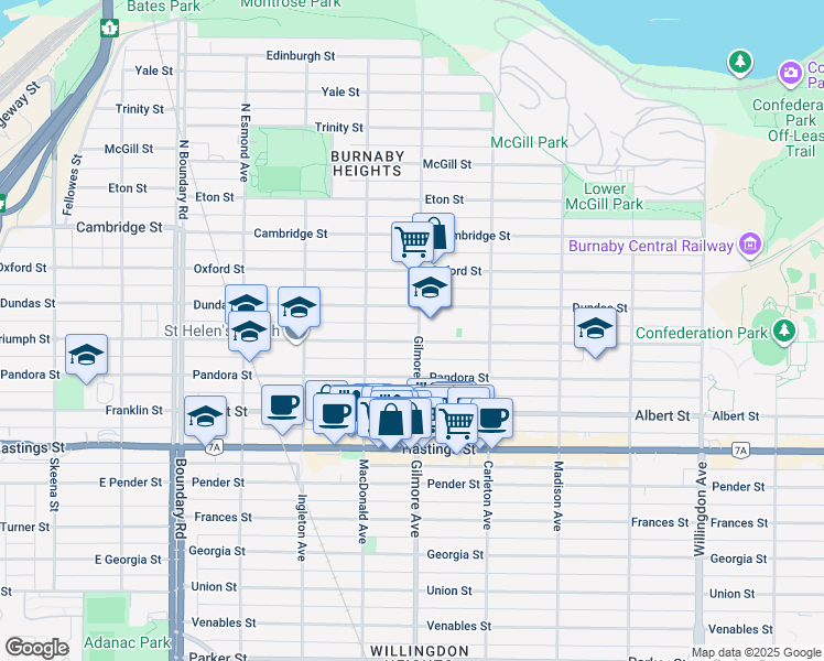 map of restaurants, bars, coffee shops, grocery stores, and more near 51 Gilmore Avenue in Burnaby