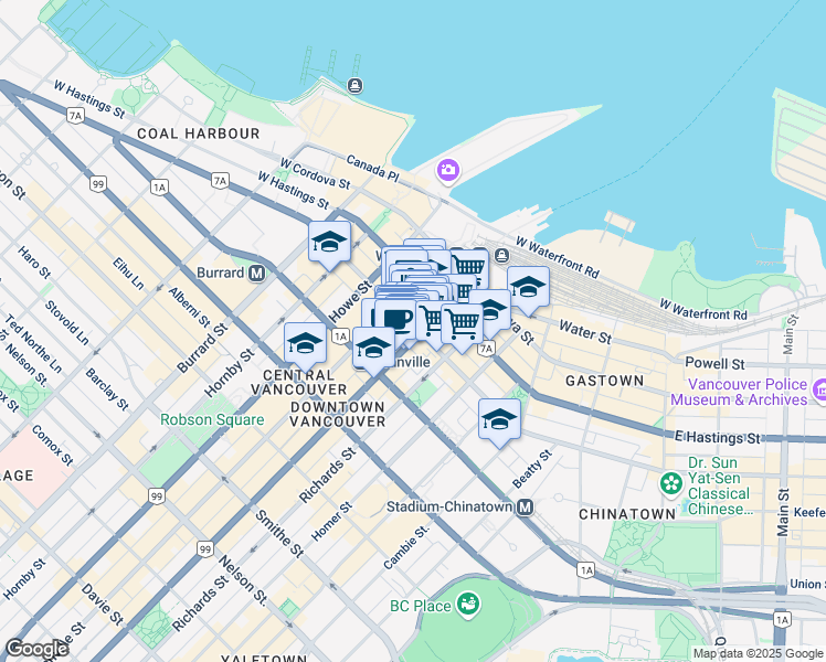 map of restaurants, bars, coffee shops, grocery stores, and more near 505 Seymour Street in Vancouver