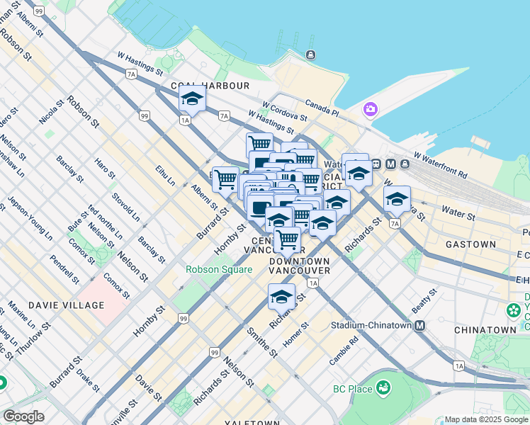map of restaurants, bars, coffee shops, grocery stores, and more near 645 Howe Street in Vancouver