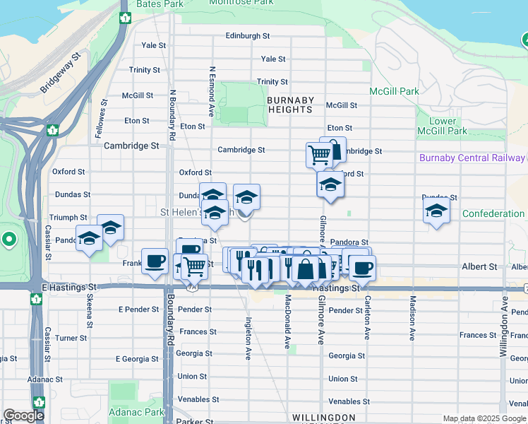map of restaurants, bars, coffee shops, grocery stores, and more near 3929 Triumph Street in Burnaby