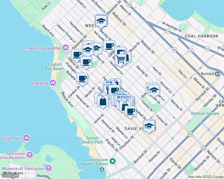 map of restaurants, bars, coffee shops, grocery stores, and more near in Vancouver