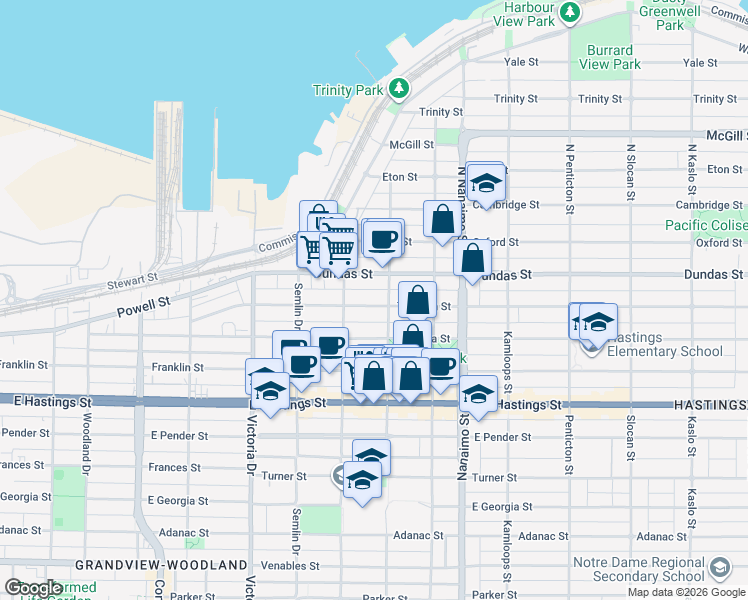 map of restaurants, bars, coffee shops, grocery stores, and more near 2151 Triumph Street in Vancouver