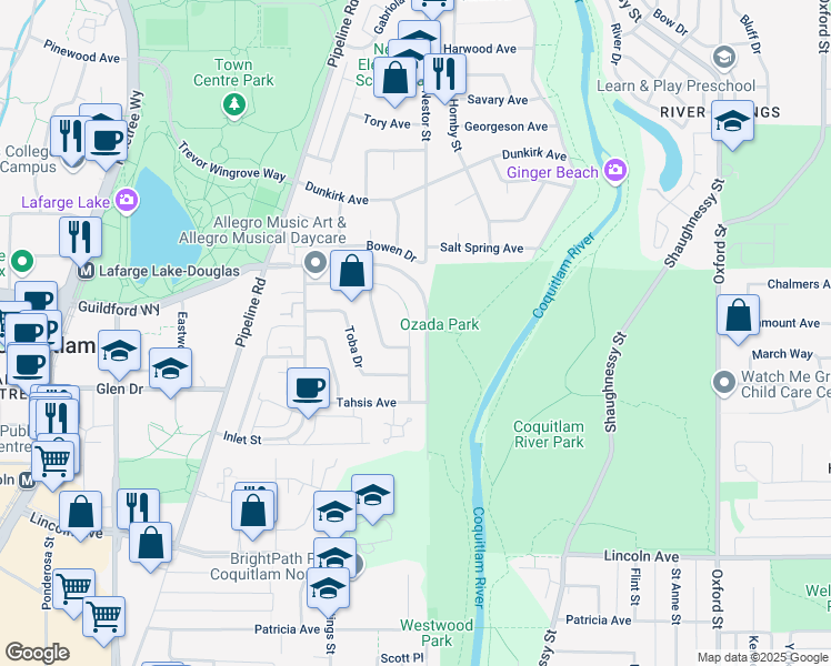 map of restaurants, bars, coffee shops, grocery stores, and more near 1177 Esperanza Drive in Coquitlam