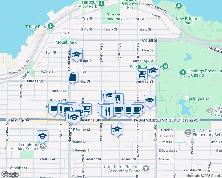 map of restaurants, bars, coffee shops, grocery stores, and more near 2657 Triumph Street in Vancouver