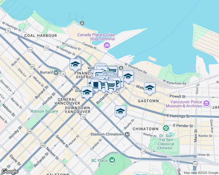 map of restaurants, bars, coffee shops, grocery stores, and more near 720-510 West Hastings Street in Vancouver