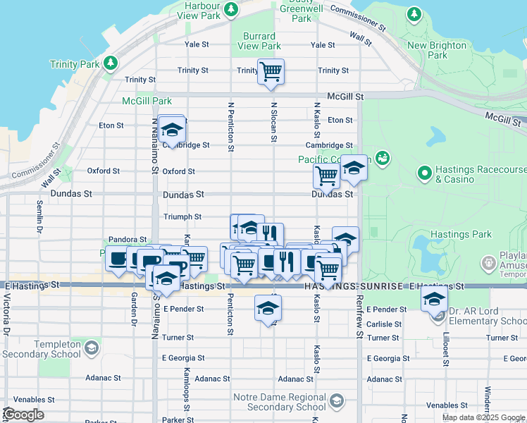 map of restaurants, bars, coffee shops, grocery stores, and more near 2677 Triumph Street in Vancouver