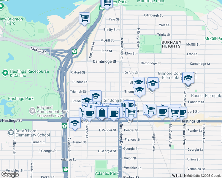 map of restaurants, bars, coffee shops, grocery stores, and more near 3623 Triumph Street in Vancouver