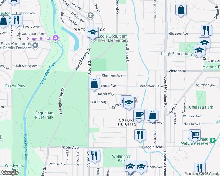 map of restaurants, bars, coffee shops, grocery stores, and more near 1780 Greenmount Avenue in Port Coquitlam