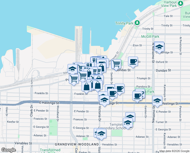 map of restaurants, bars, coffee shops, grocery stores, and more near in Vancouver