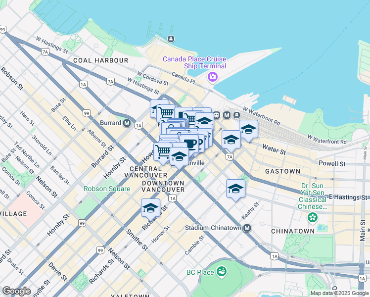 map of restaurants, bars, coffee shops, grocery stores, and more near 700 West Pender Street in Vancouver