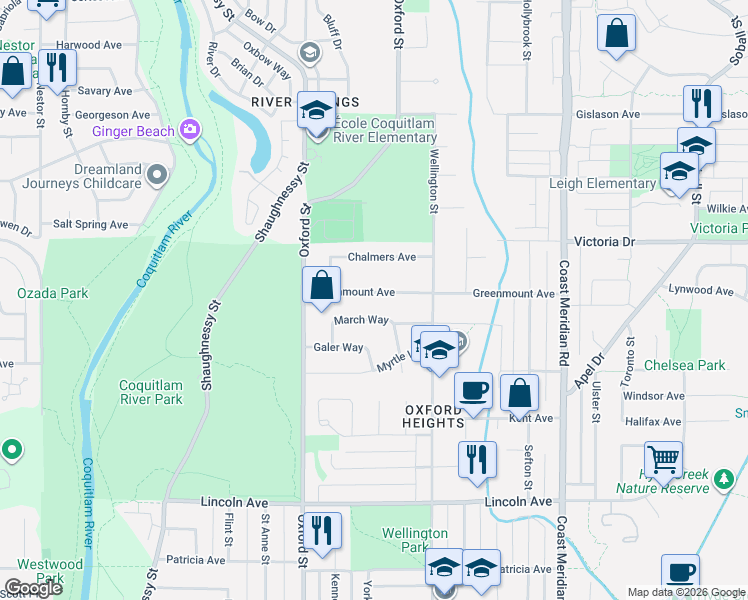 map of restaurants, bars, coffee shops, grocery stores, and more near 1780 Greenmount Avenue in Port Coquitlam