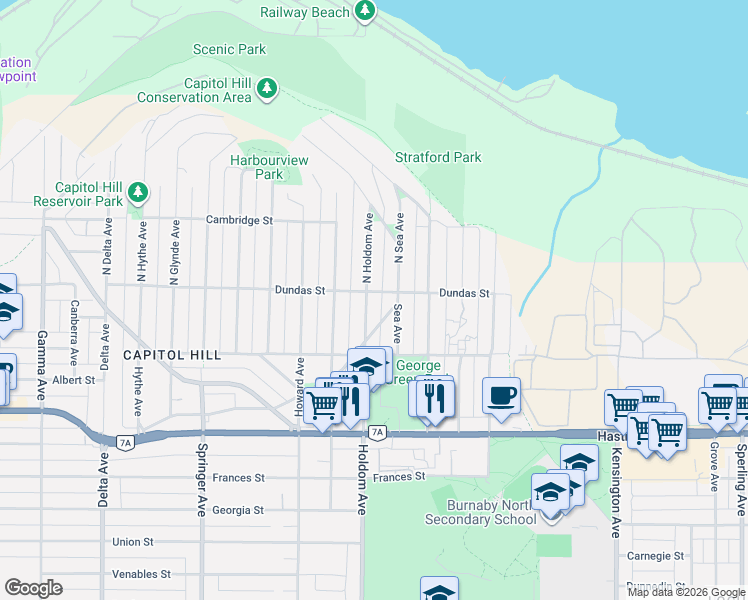map of restaurants, bars, coffee shops, grocery stores, and more near 8 Holdom Avenue in Burnaby