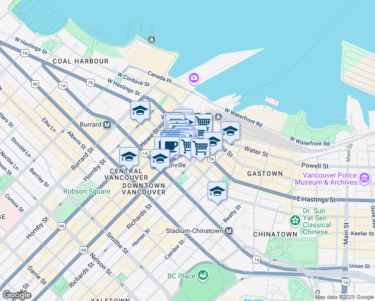 map of restaurants, bars, coffee shops, grocery stores, and more near in Vancouver