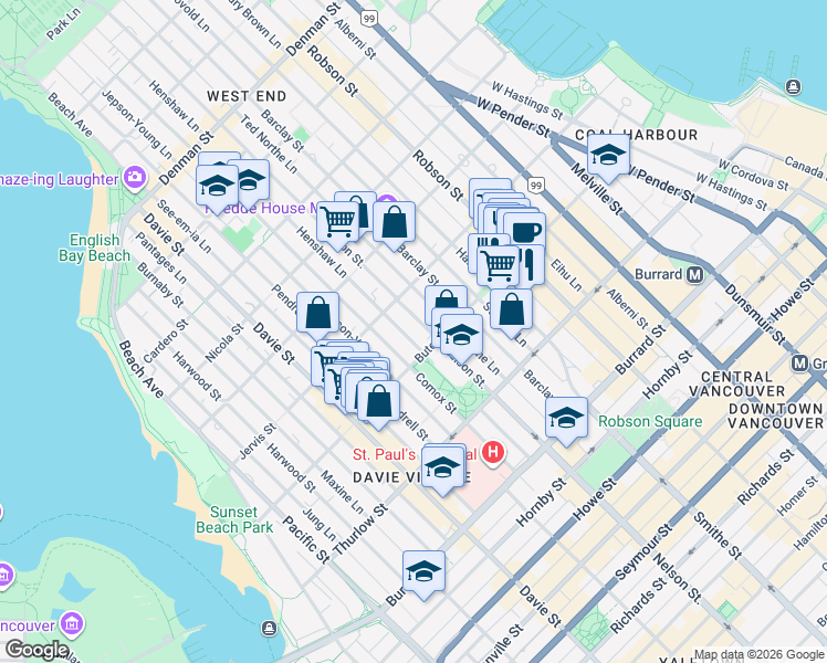 map of restaurants, bars, coffee shops, grocery stores, and more near in Vancouver