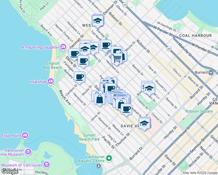 map of restaurants, bars, coffee shops, grocery stores, and more near in Vancouver