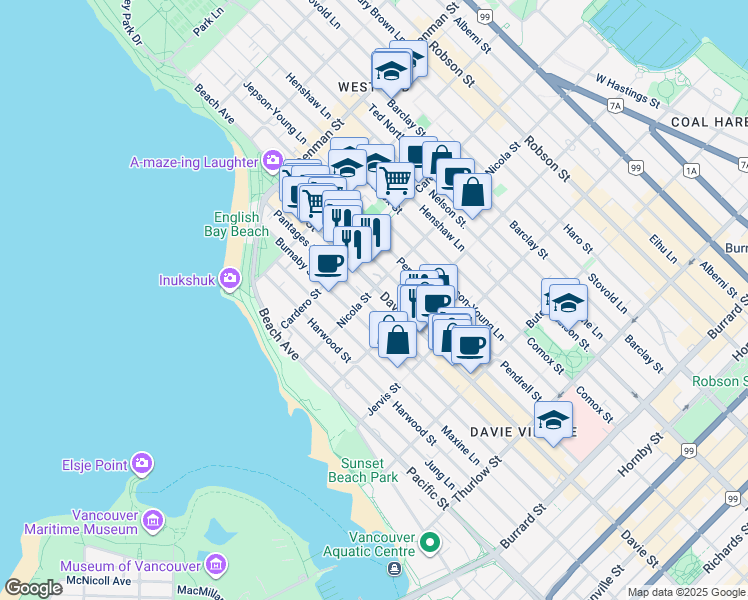 map of restaurants, bars, coffee shops, grocery stores, and more near in Vancouver