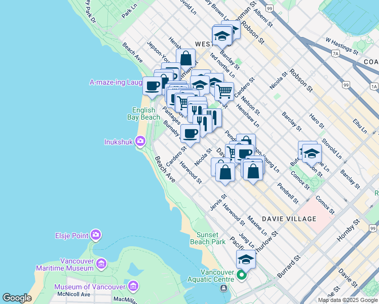 map of restaurants, bars, coffee shops, grocery stores, and more near in Vancouver