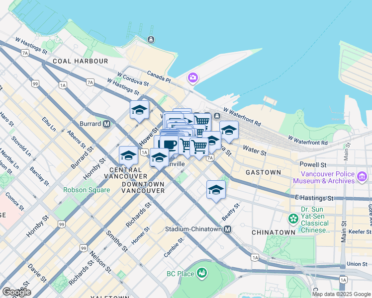 map of restaurants, bars, coffee shops, grocery stores, and more near 438 Seymour Street in Vancouver