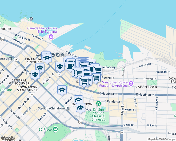 map of restaurants, bars, coffee shops, grocery stores, and more near in Vancouver