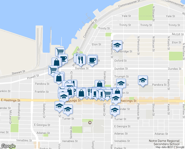 map of restaurants, bars, coffee shops, grocery stores, and more near 29 Templeton Drive in Vancouver