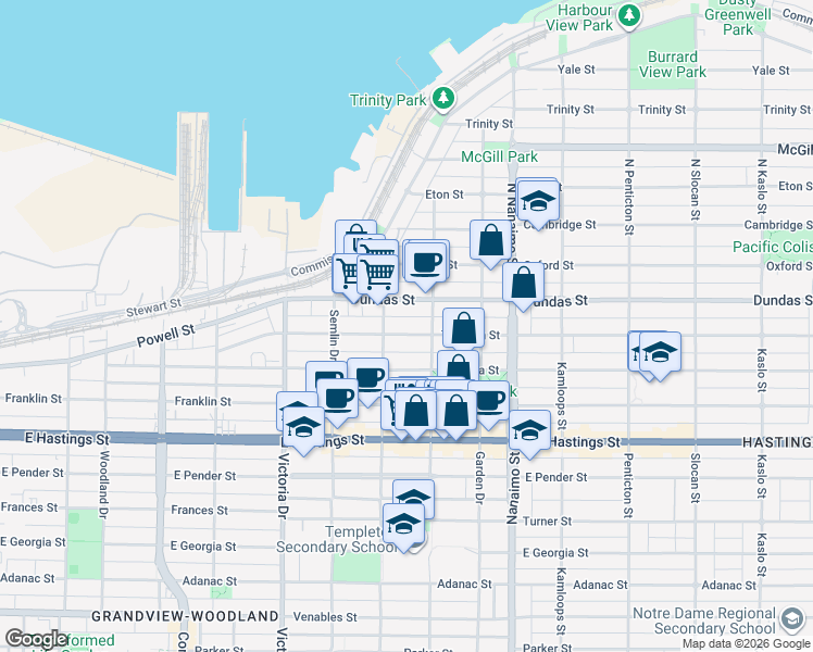 map of restaurants, bars, coffee shops, grocery stores, and more near 2139 Triumph Street in Vancouver