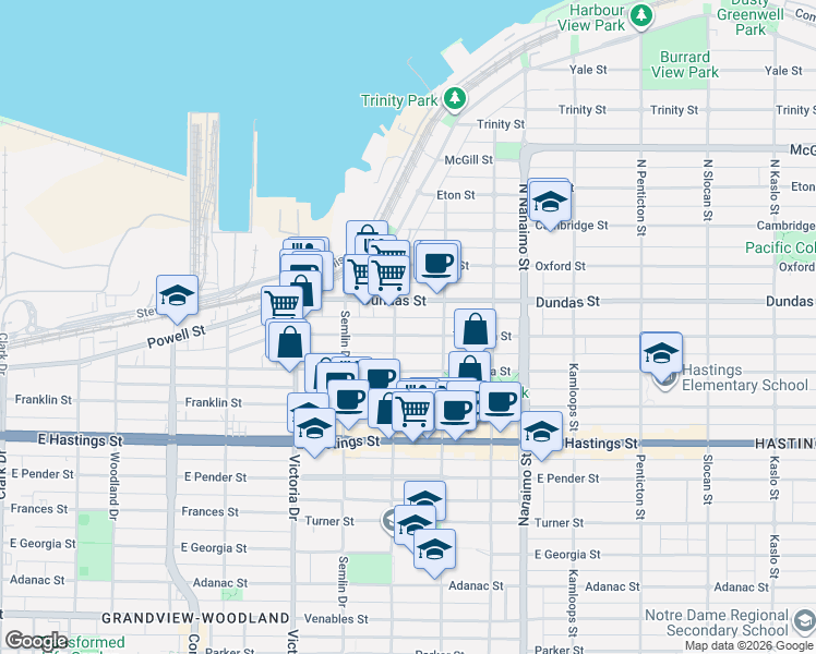 map of restaurants, bars, coffee shops, grocery stores, and more near 2115 Triumph Street in Vancouver