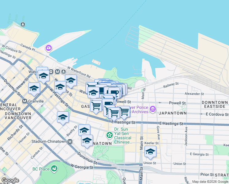 map of restaurants, bars, coffee shops, grocery stores, and more near 106 Carrall Street in Vancouver