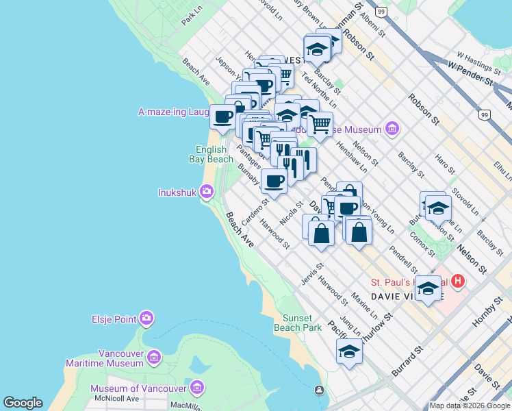 map of restaurants, bars, coffee shops, grocery stores, and more near 1315 Cardero Street in Vancouver