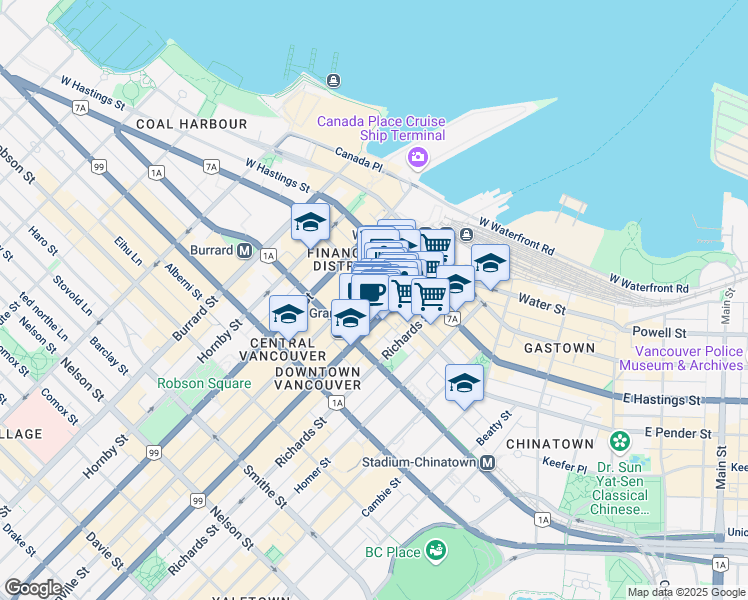 map of restaurants, bars, coffee shops, grocery stores, and more near in Vancouver