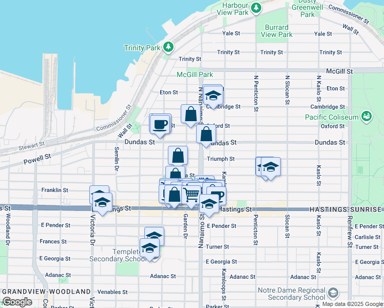 map of restaurants, bars, coffee shops, grocery stores, and more near 2333 Triumph Street in Vancouver