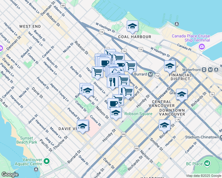 map of restaurants, bars, coffee shops, grocery stores, and more near in Vancouver