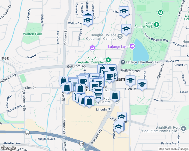map of restaurants, bars, coffee shops, grocery stores, and more near in Coquitlam
