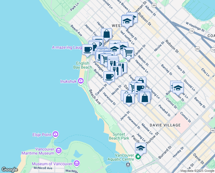 map of restaurants, bars, coffee shops, grocery stores, and more near 1246 Cardero Street in Vancouver
