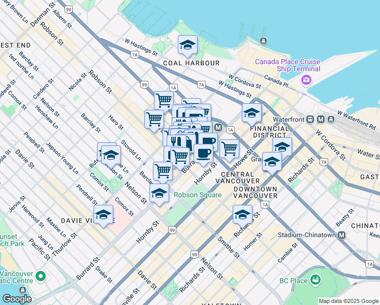 map of restaurants, bars, coffee shops, grocery stores, and more near in Vancouver