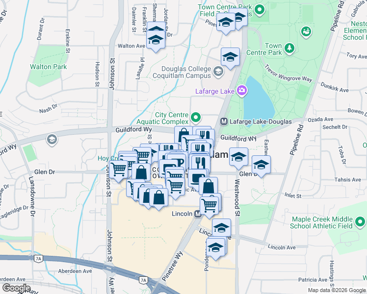 map of restaurants, bars, coffee shops, grocery stores, and more near 2982 Burlington Drive in Coquitlam