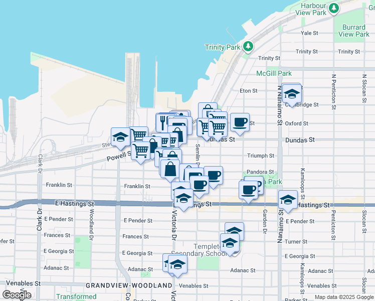 map of restaurants, bars, coffee shops, grocery stores, and more near in Vancouver