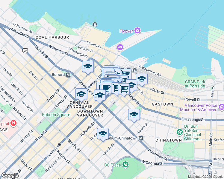 map of restaurants, bars, coffee shops, grocery stores, and more near 605 West Pender Street in Vancouver