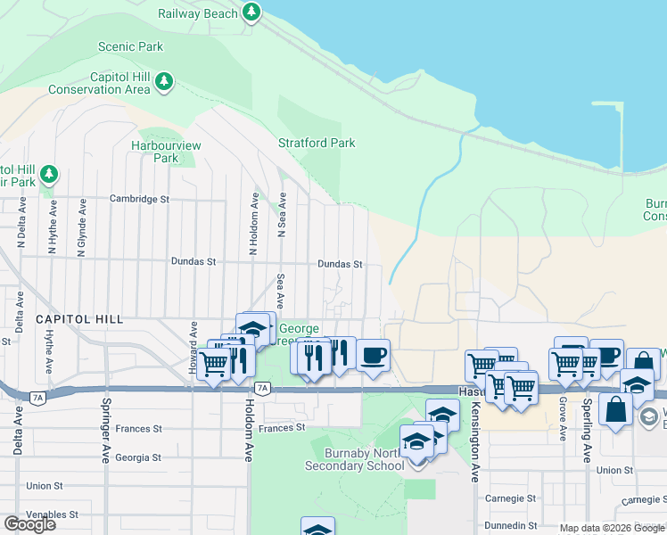 map of restaurants, bars, coffee shops, grocery stores, and more near 11 Stratford Avenue in Burnaby