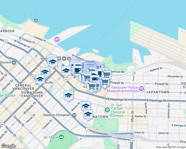 map of restaurants, bars, coffee shops, grocery stores, and more near in Vancouver